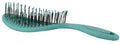 Teal hairbrush with black bristles on a white background