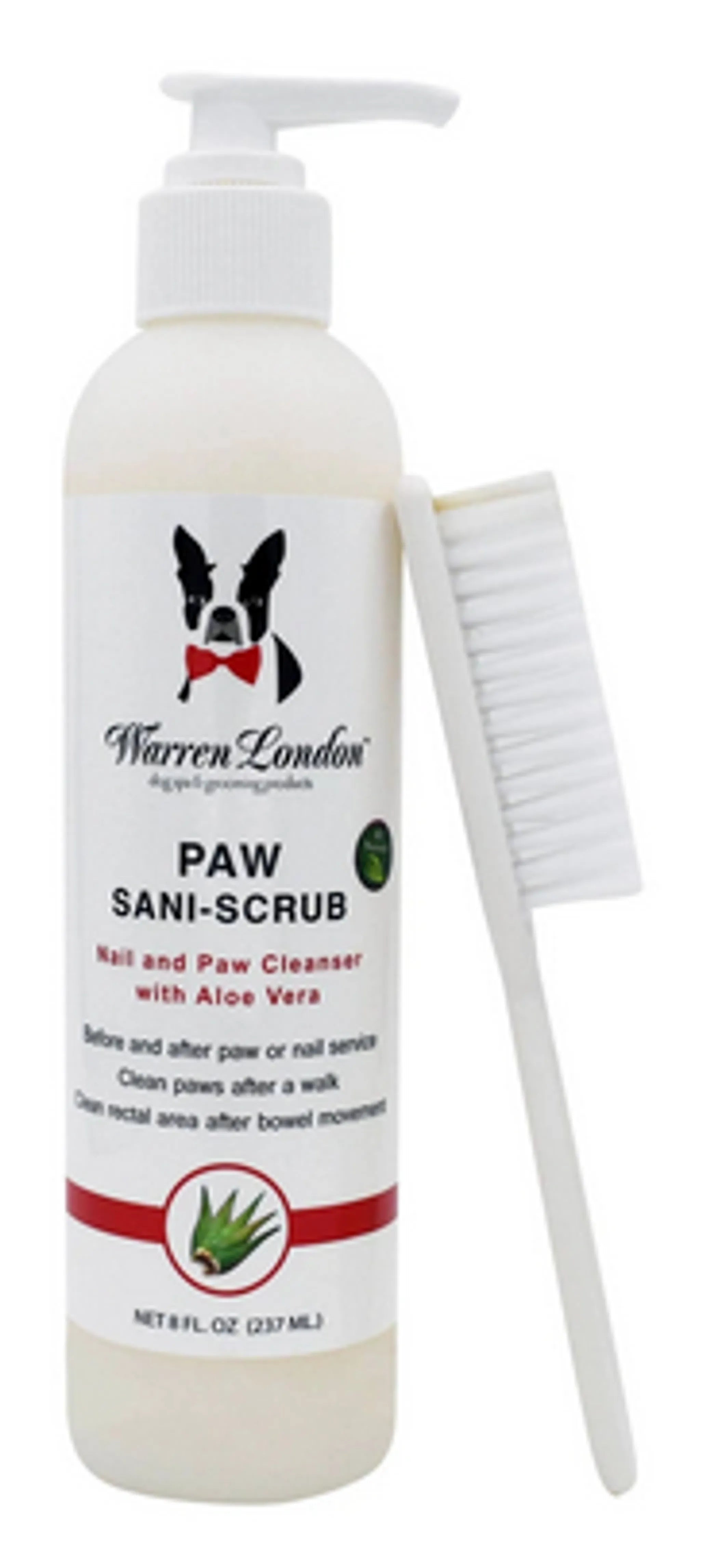 Bottle of Warren London Paw Sani-Scrub with a brush on a white background