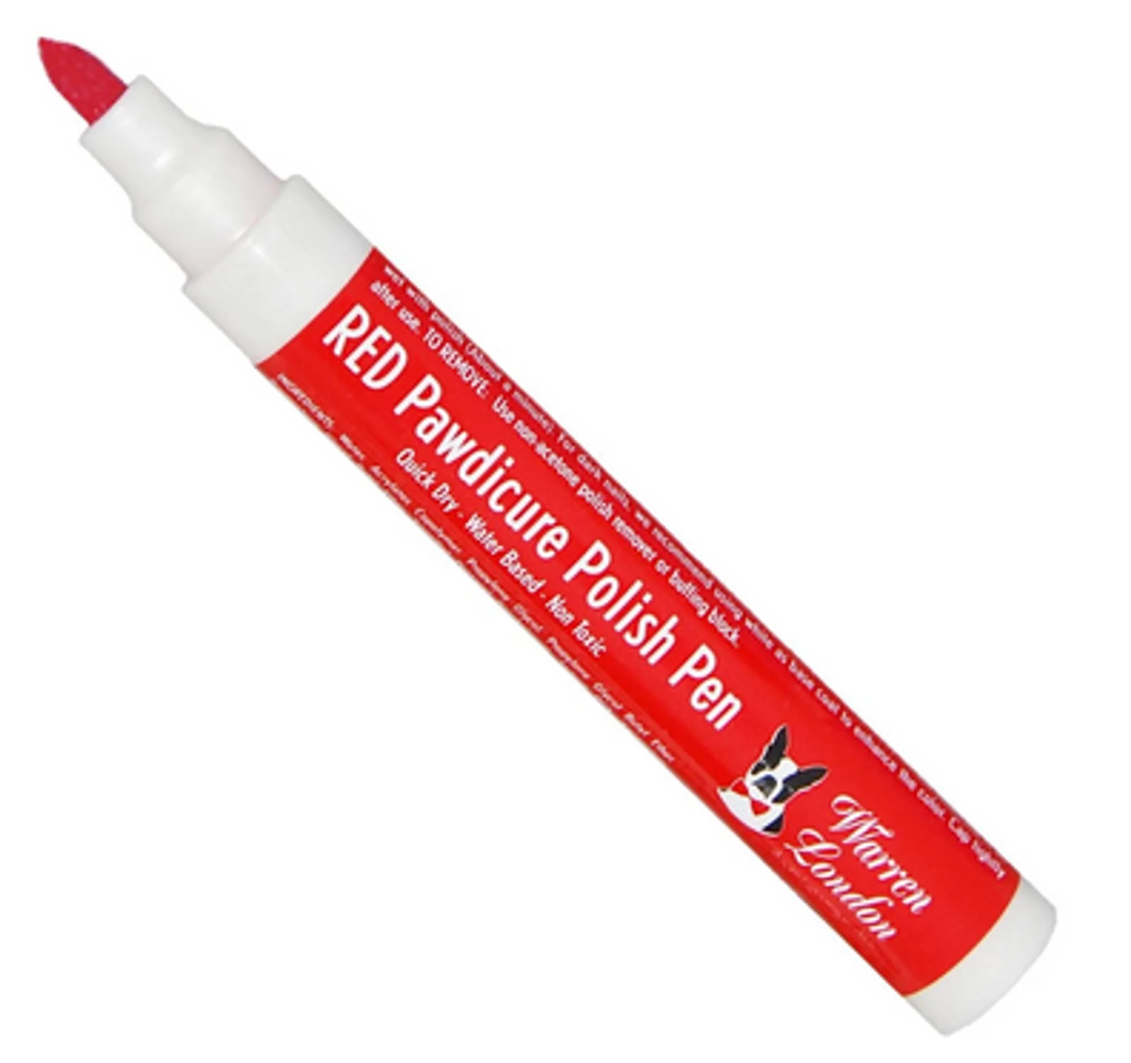 Red pawdicure polish pen with white cap on a white background