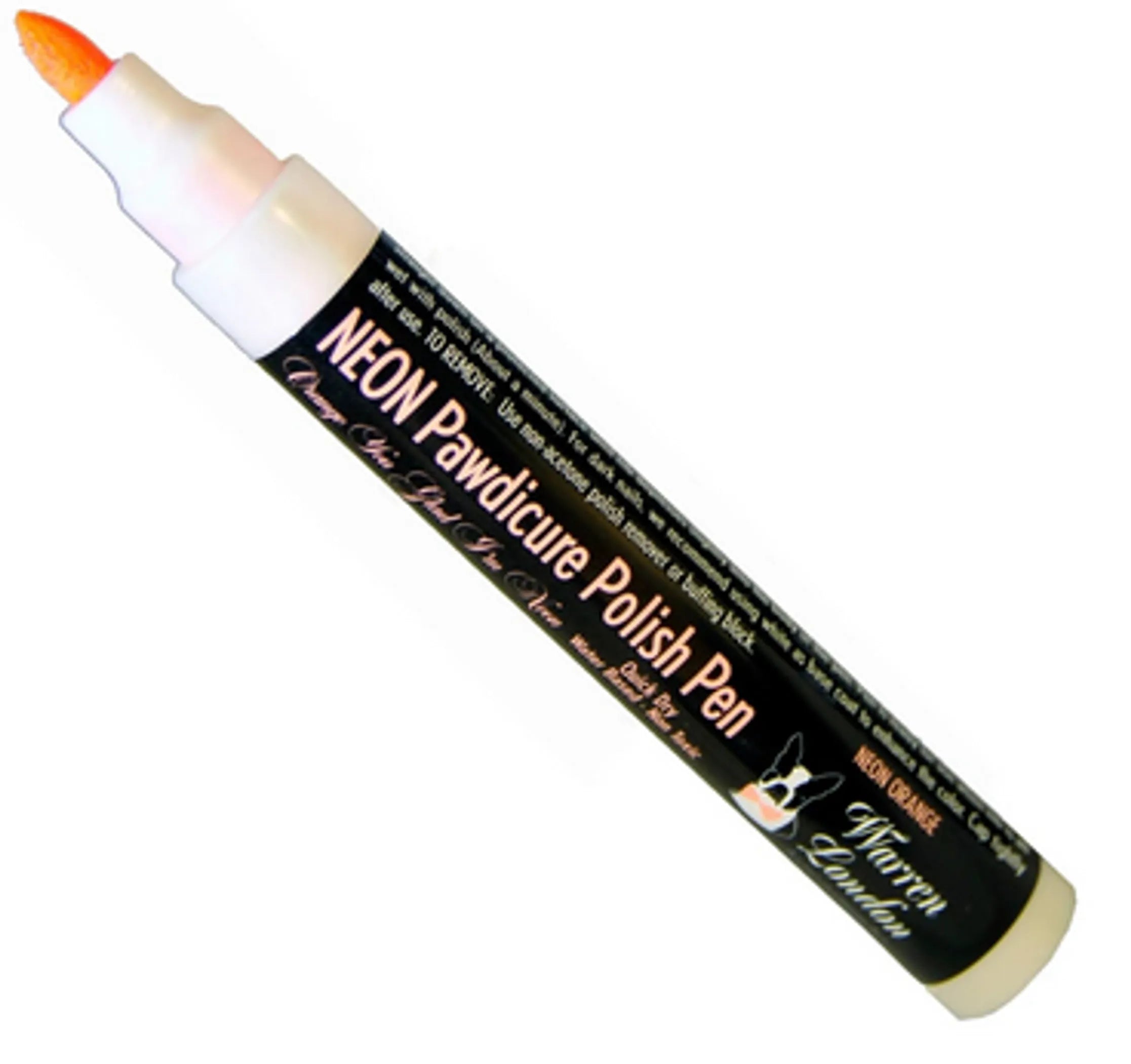 Neon pawdicure polish pen with black casing and orange tip on a white background