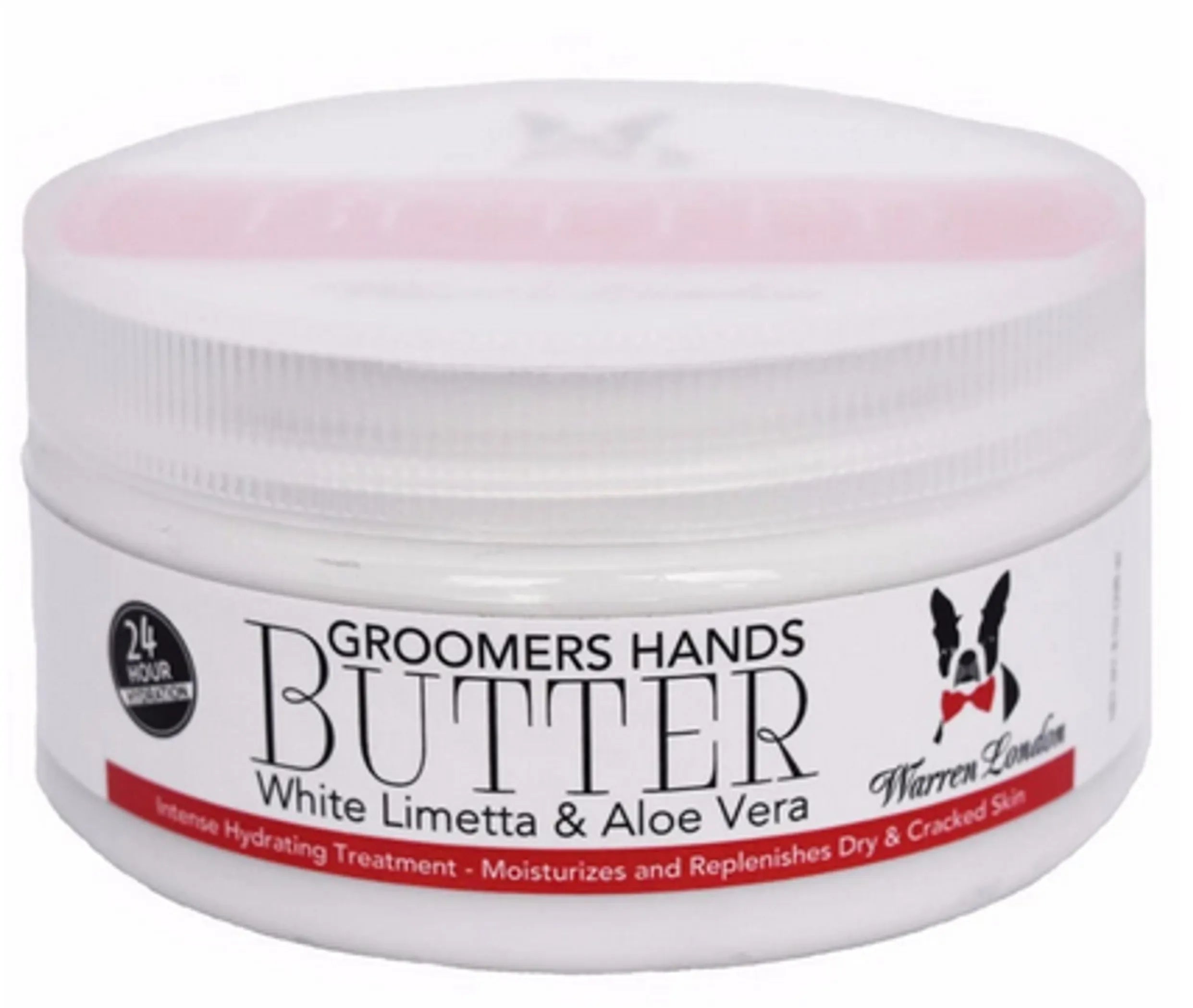 Jar of 'Groomer's Hands Butter' with white lid and label on a white background
