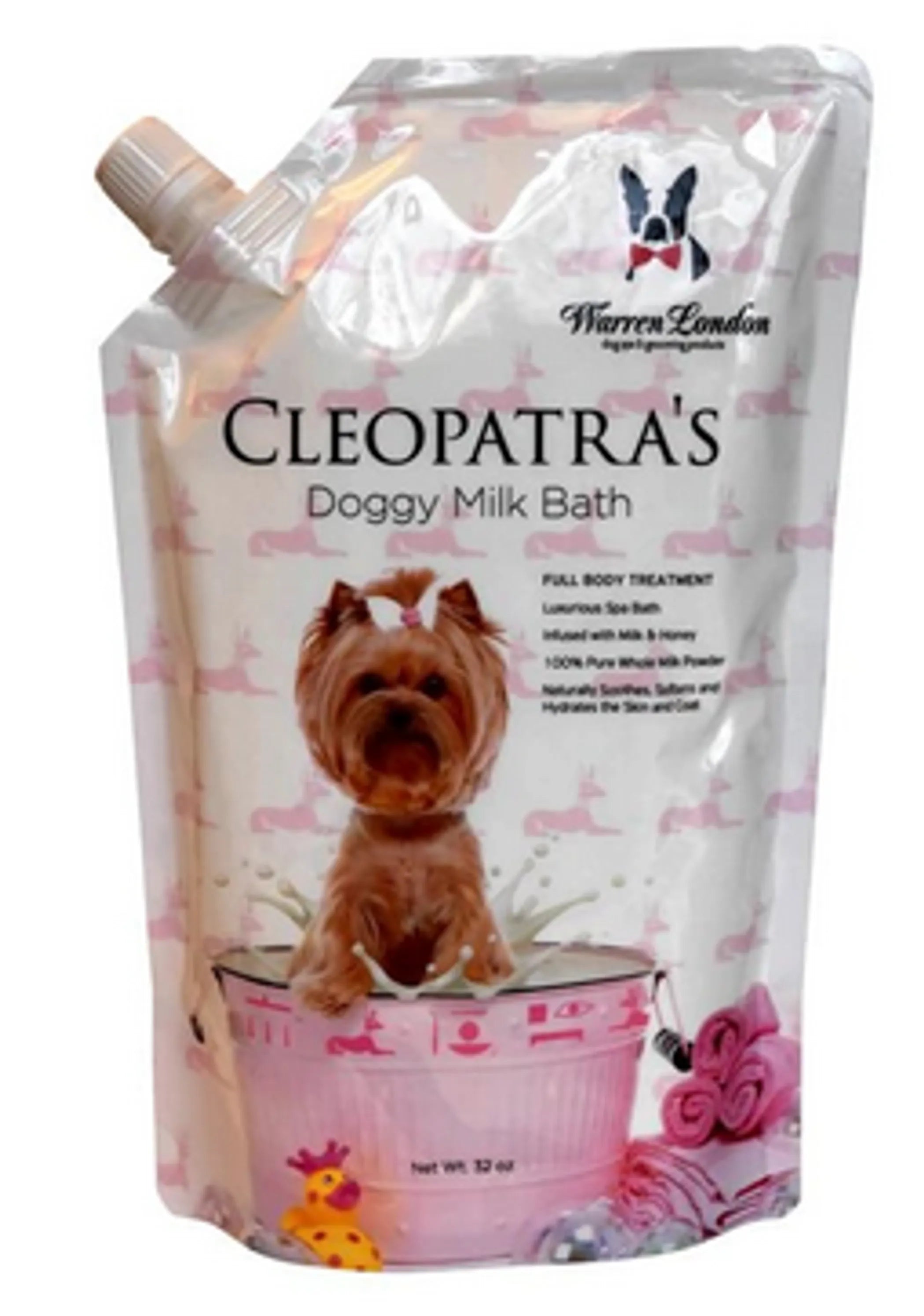 Cleopatra's Doggy Milk Bath packaging with a dog illustration on a white background